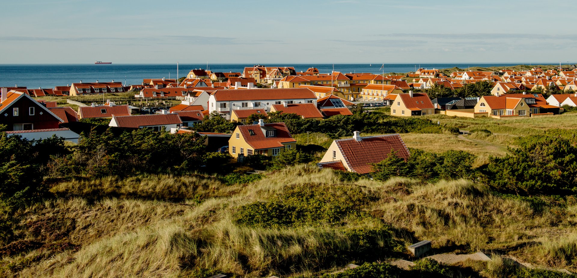 Die Stadt Skagen an der Nordsee. Alle Häuser haben rote Dächer und liegen verstreut in den Dünen in Küstennähe. Bild: VisitDenmark/Mette Johnsen
