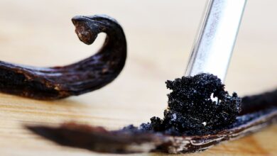 Um an das Fruchtmark zu gelangen, schneidet man die ganze Vanille-Schote der Länge nach auf. So lassen sich Samen und das Mark herauskratzen.