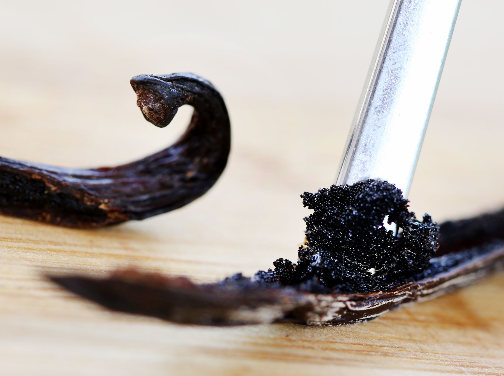 Um an das Fruchtmark zu gelangen, schneidet man die ganze Vanille-Schote der Länge nach auf. So lassen sich Samen und das Mark herauskratzen.