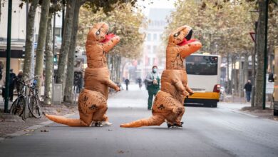 Dino-Duo extrem: Doch auch mit nicht ganz so opulenten Karnevalskostümen sollte man besser nicht ans Autosteuer.