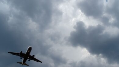 Das kann heikel werden: Gewitterwolken türmen sich über einem Flugzeug auf.