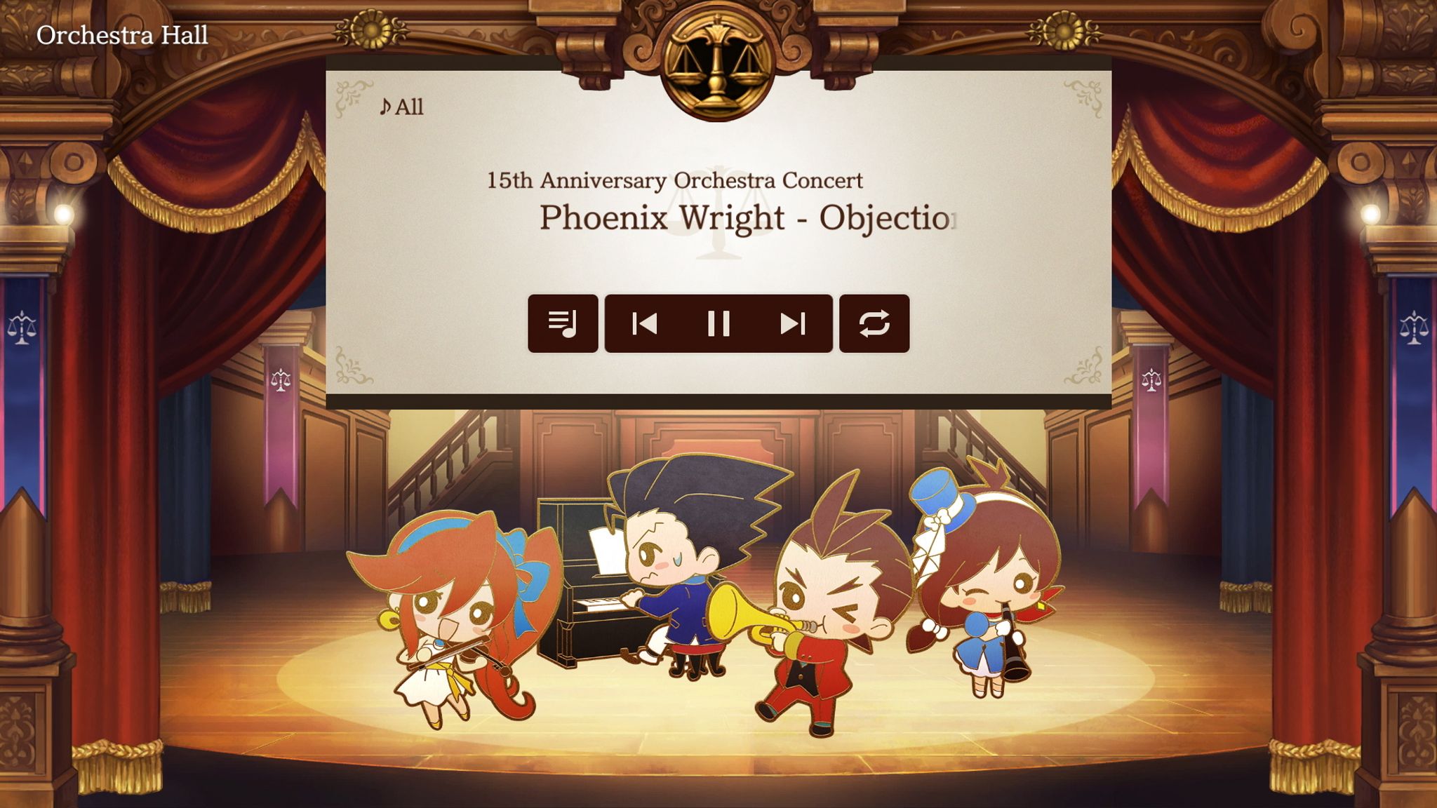 Die Orchester-Halle ist eine Besonderheit von «Apollo Justice»: Dort kann man sich in aller Ruhe und Track für Track die Musik aus dem Spiel anhören.