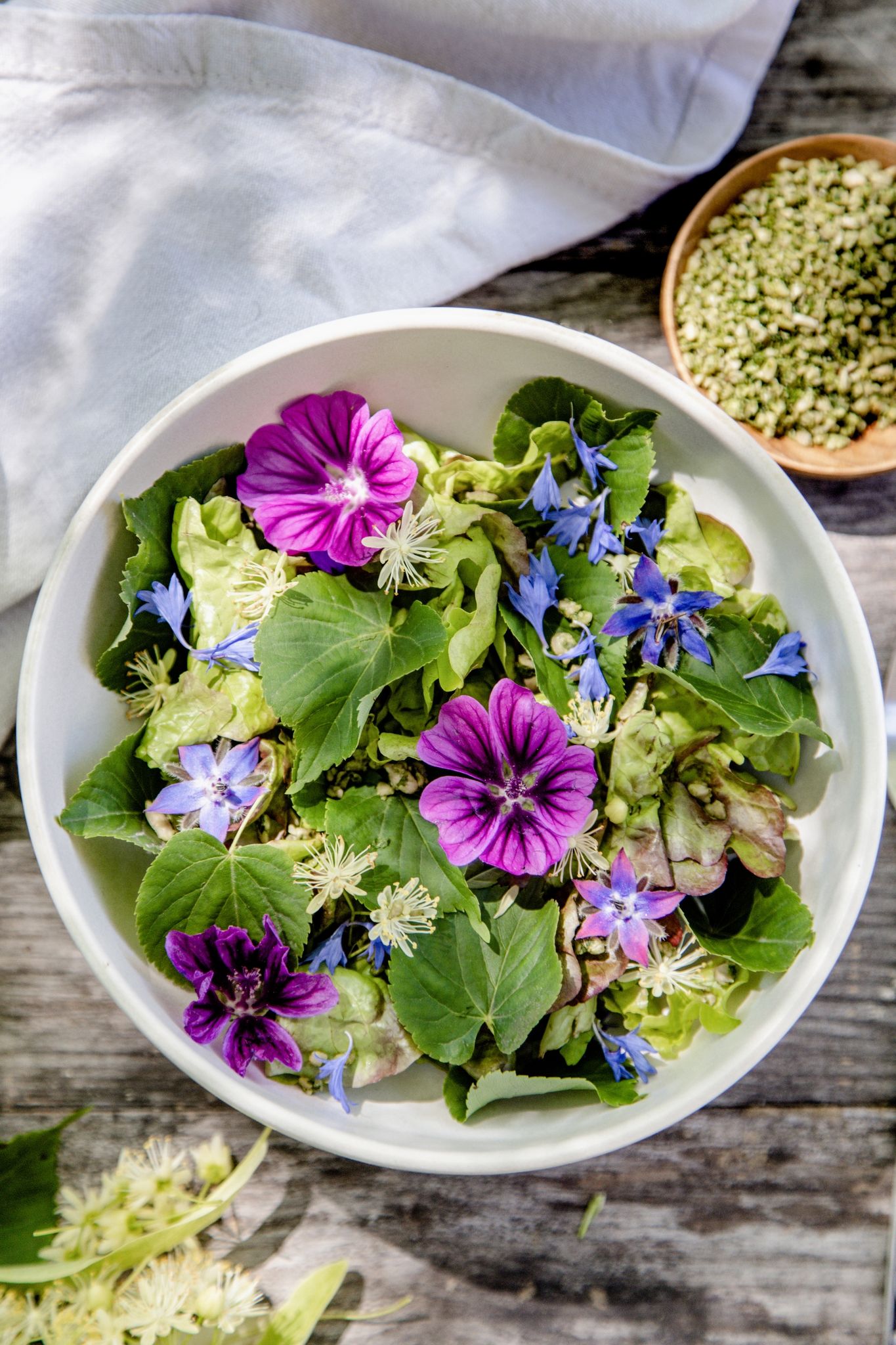 Genau richtig für Einsteiger der Baumküche: In den Lindenblättersalat kommen neben Eichblattsalat, Sonnenblumenkernen und Lindenblättern auch essbare Blüten.