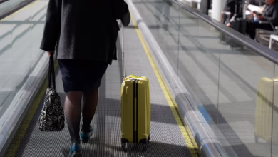 Eine Frau Mit Rollkoffer Am Flughafen