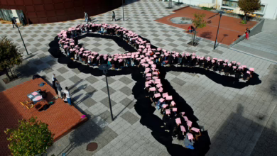 Schüler Bilden Eine Menschliche Rosa Schleife