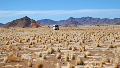 Kleinbus Fährt Durch Eine Wüste In Namibia