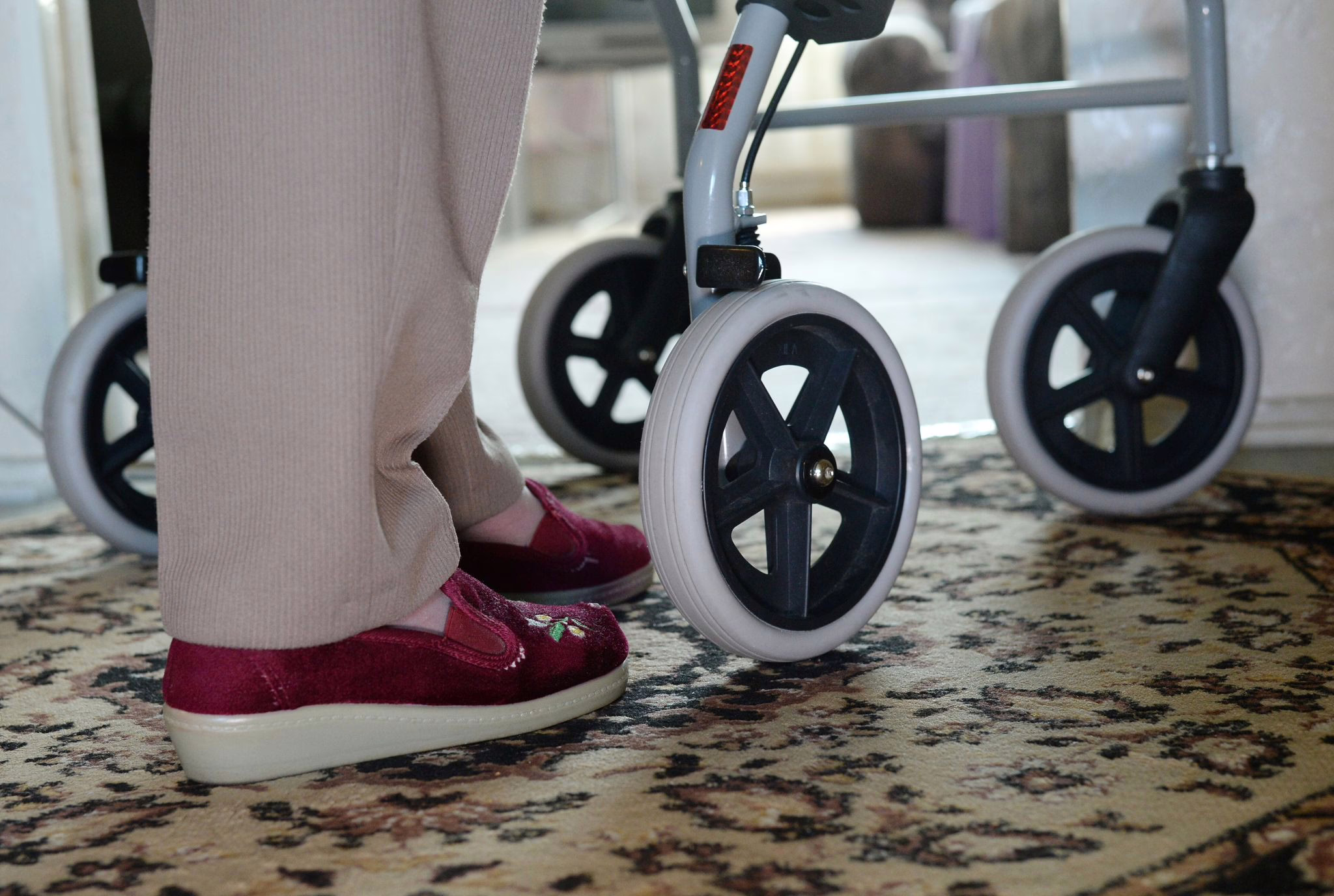 Frau Geht Mit Rollator Durch Ihre Wohnung