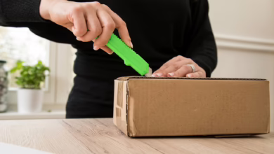 Frau öffnet Ein Paket