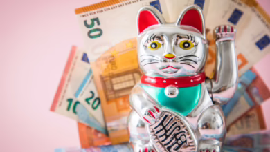 Japanische Winkekatze Vor Geldscheinen