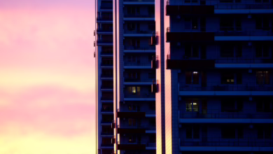 Die Fassaden Von Wohnhochhäusern Bei Sonnenuntergang