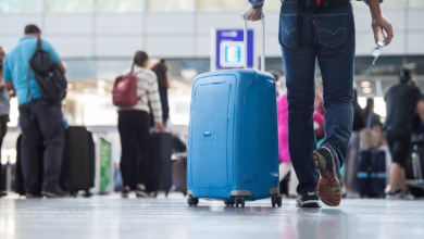 Ein Passagier Geht Mit Einem Koffer Flughafen