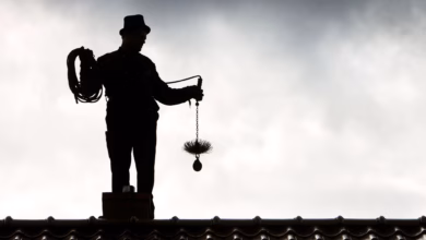 Schornsteinfeger steht auf einem hausdach