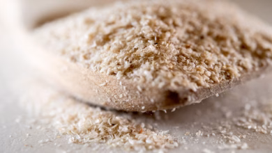 Flohsamenschalen auf einem holzlöffel