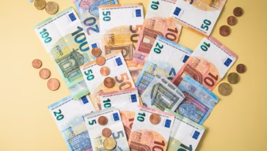 Geldscheine und münzen fliegen aus einer geldbörse