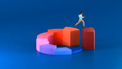 Geschäftsmann läuft 3d balkendiagramm hoch