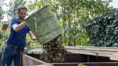 Mann entsorgt pflanzenreste auf dem kompost