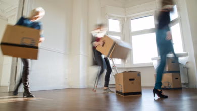 Drei frauen tragen umzugskartons