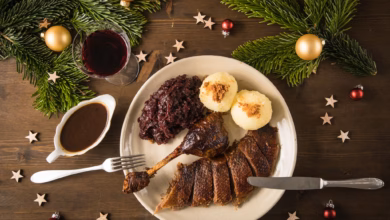 Weihnachtsgans mit knödeln und blaukraut auf einem teller