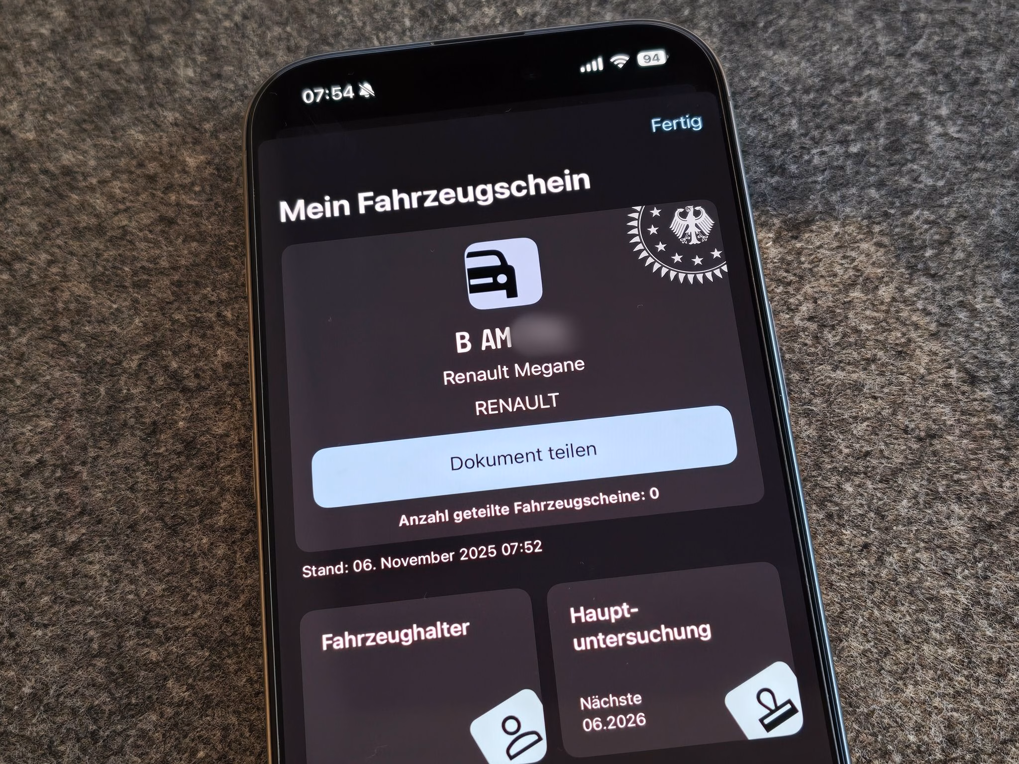 Hinzufügen des fahrzeugscheins in die i kfz app