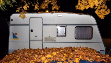 Ein wohnwagen hinter herbstlaub