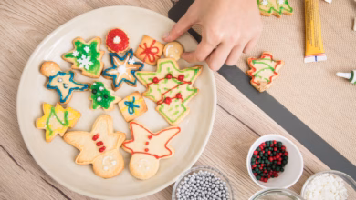 Verzierte plätzchen leigen auf einem teller